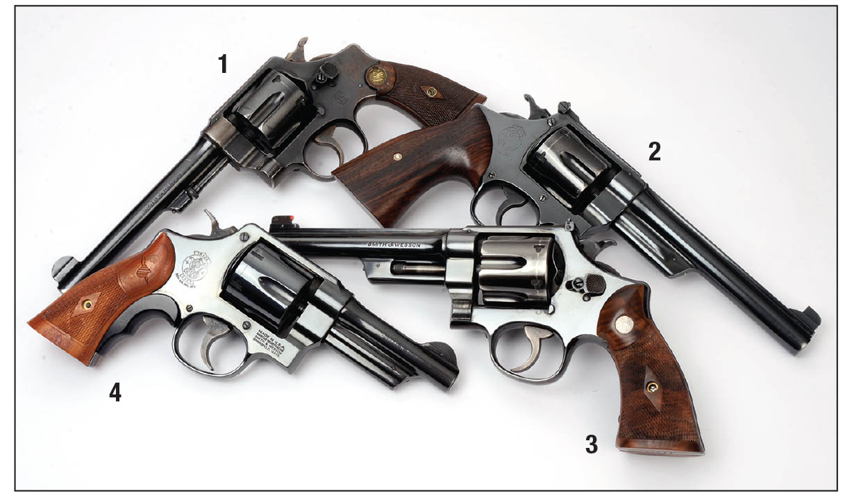 Four double-action Smith & Wesson revolvers used during testing include the (1) Second Model Hand Ejector .44 Special,  (2) Model 20 .38 Special (3) Pre-Model 27 .357 Magnum and a (4) Model 22 .45 Auto-Rim.